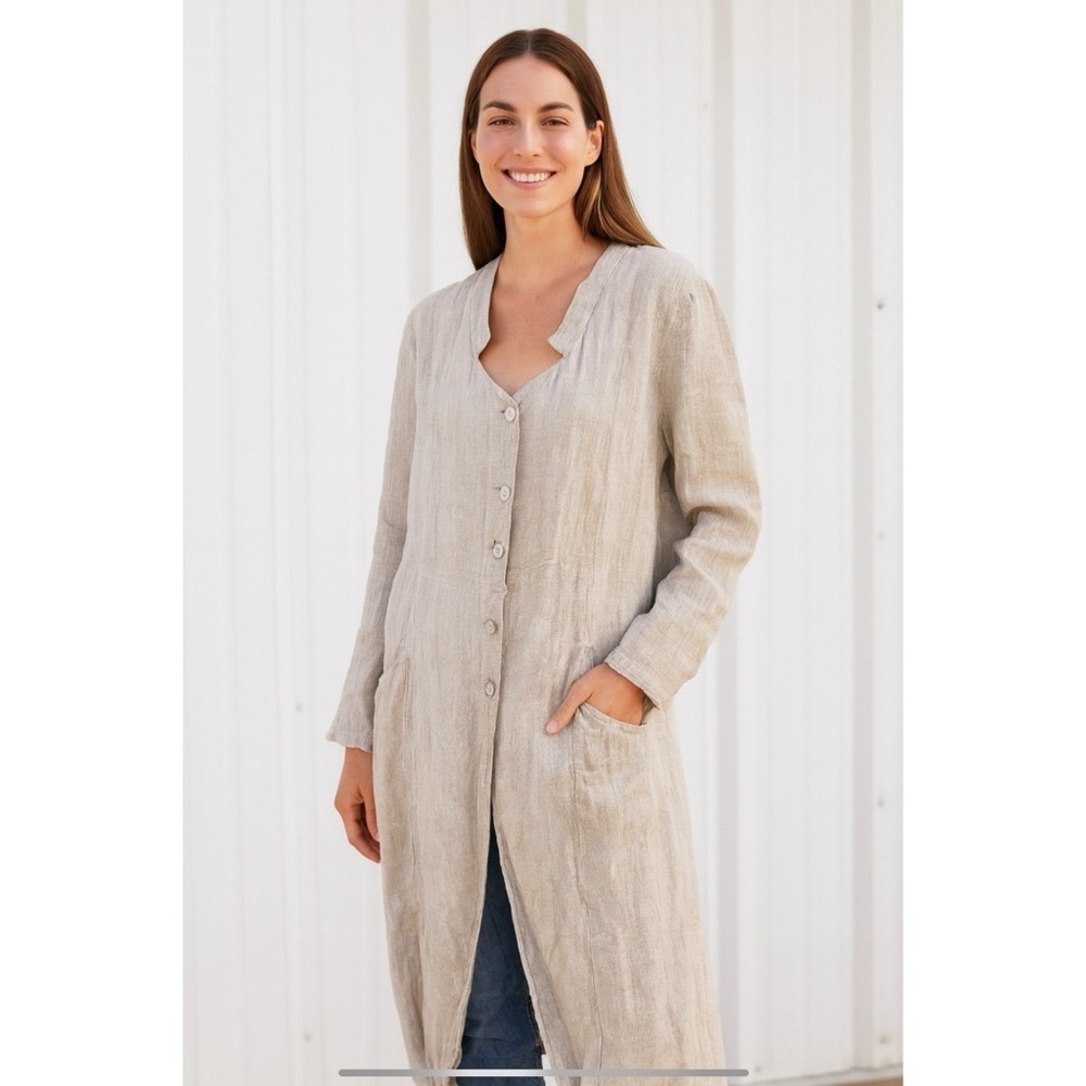 BANANA BLUE LINEN FLAX MESH DUSTER S NEUTRAL BOHEMIAN CASUAL BREATHABLE LAYER